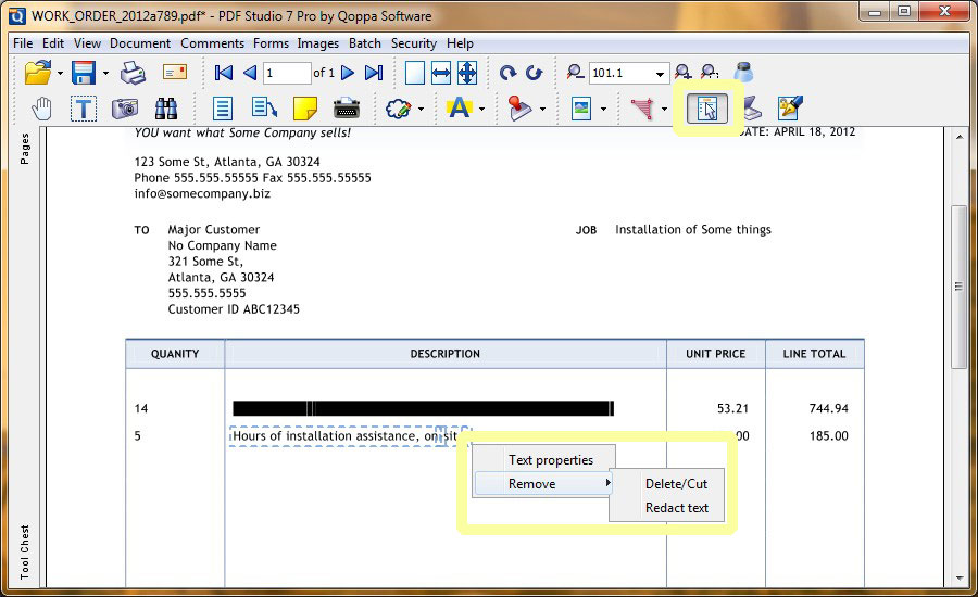 Select 'Delete/Cut' to remove or 'Redact text' to remove & replace with black box