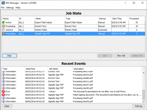 PDF Automation Manager Main Console showing the status of all Jobs